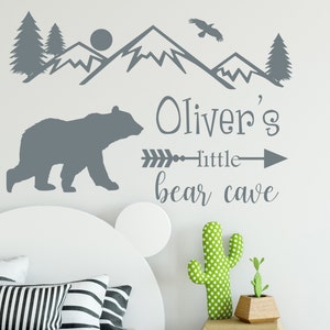 Little bear Cave Wall Decals, Mountain Nursery Wall Decal, Above Crib Mountain Forest Wall Decor, Boy Custom Name Vinyl Stickers R227