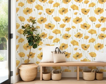 California Poppy Removable Wallpaper Wall Mural, Colorful Flowers Pattern Wallpaper Roll, Home Decor Wildflower Peel and Stick
