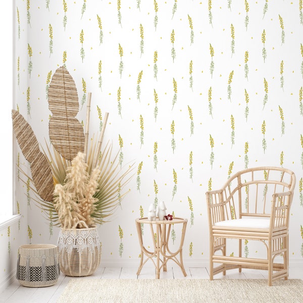 Yellow Mimosa Wallpaper, Floral Pattern Wall Mural Peel and Stick, Removable Plants Wallpaper Roll, Self Adhesive Vinyl Wallpaper