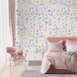Floral Kinderzimmer Tapete zum Schälen und Aufkleben, Abnehmbare Blumen-Wandkunst für Baby-Mädchen Schlafzimmer, Blumenwandbild für Mädchenzimmer