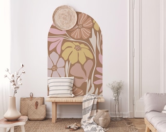 Floral Arch Wall Decal for Living Room, Large Arch Decal for Bedroom Accent Wall, Pastel Colors Botanical Wall Sticker for Entryway