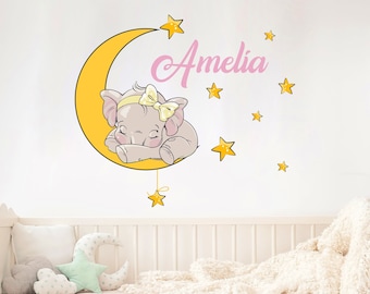 Muursticker olifant op maan - aangepaste naam muursticker voor kinderkamer - decor meisjeskamer, decor olifant kinderkamer - sticker babyolifant R123