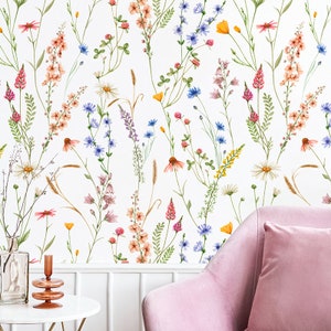 Removable Wallpaper Floral, Watercolor Wildflower Wallpaper Peel and Stick, Colorful Flowers Pattern Wall Paper Roll, Cottage Home Decor