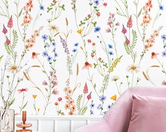 Removable Wallpaper Floral, Watercolor Wildflower Wallpaper Peel and Stick, Colorful Flowers Pattern Wall Paper Roll, Cottage Home Decor