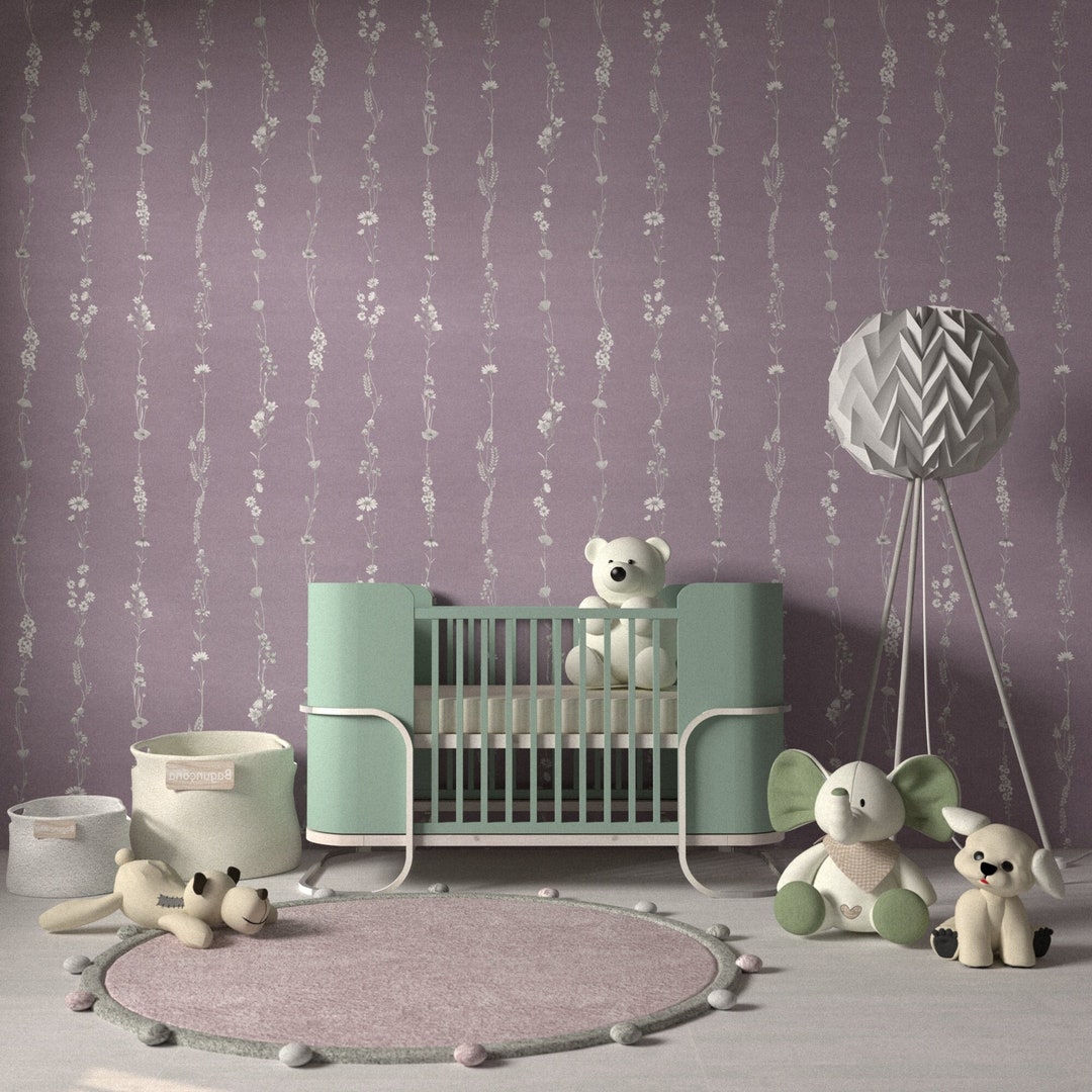 Purple Wallpaper Mural Nursery Girl Pastel Meadow Flowers Wall Etsy