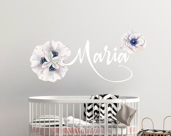 Watercolor Flowers in floral Style / Custom Name Wall Decals / Baby Girl Name Nursery Wall Print / Kids Decor / Floral Vinyl Stickers R161