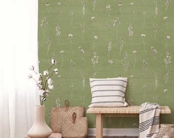 Removable Wallpaper Wildflowers on a Green Background, Peel and Stick Boho Style Kitchen Wall Covering, Wall Mural rolls PVC free