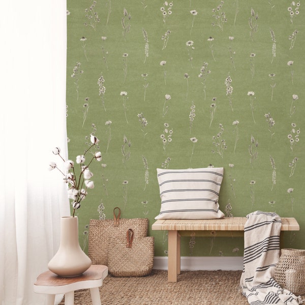 Removable Wallpaper Wildflowers on a Green Background, Peel and Stick Boho Style Kitchen Wall Covering, Wall Mural rolls PVC free