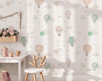 Vintage Air Balloon Wallpaper, Kids Room Wallpaper Peel and Stick, Nursery Decor, Green Balloon Removable Wallpaper, Wall Decals for Nursery