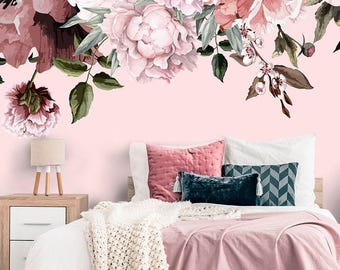 Flower Peony Wallpaper Peel and Stick, Botanical Pattern Self Adhesive for Bedroom, Temporary Wall Mural Flowers for Girl's Room Decor