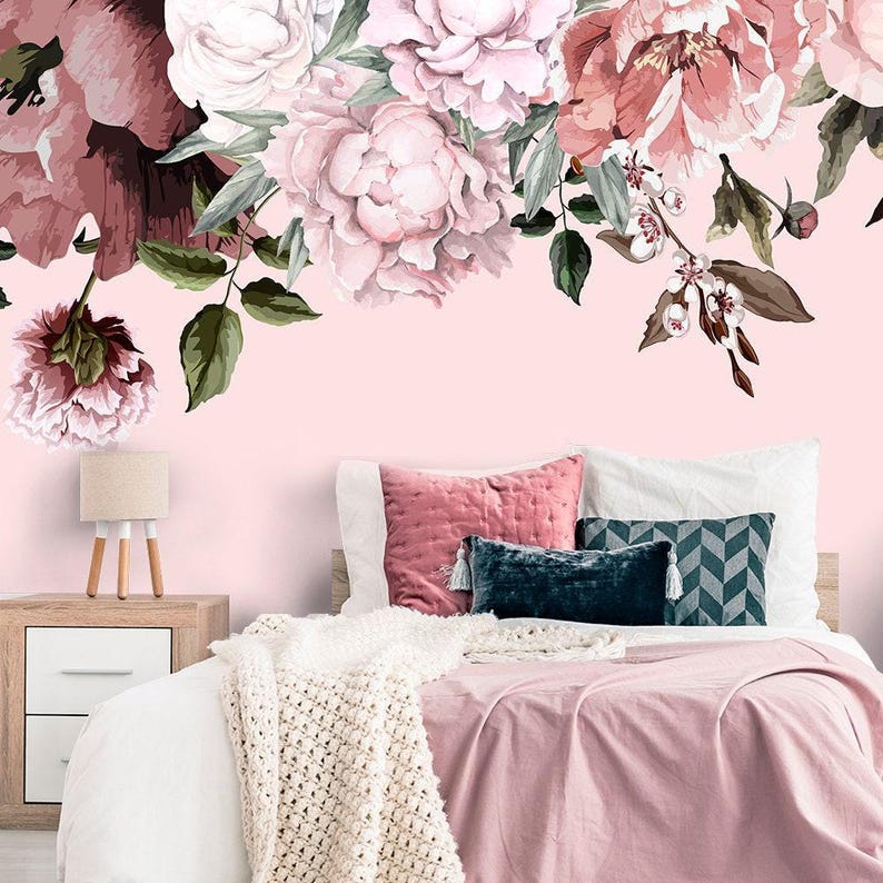Flower Peony Wallpaper Peel and Stick, Botanical Pattern Self Adhesive for Bedroom, Temporary Wall Mural Flowers for Girl's Room Decor image 1