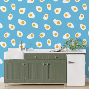 Carta da parati con motivo a uovo retrò, stacca e attacca, murale moderno blu e giallo per sala da pranzo, stampa di uova rimovibile per parete decorativa in stile cottage