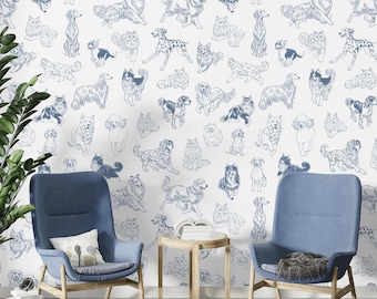Dog & Cat Blue Wallpaper Peel and Stick for Animal Shelter, Wall Mural Home Pets Accent, Wall Covering Removable Decor for Grooming Salon