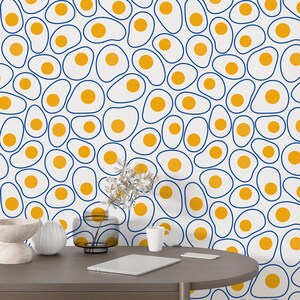 Carta da parati Line Egg Peel and Stick, stampa di uova Line Art murale rimovibile, carta da parati moderna gialla per la decorazione della casa