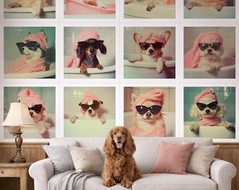 Vintage Dog Spa Wallpaper Peel and Stick, Grooming Salon Accent Wall Mural, Funny Bath Dogs Removable Vinyl Mural, Pet Portrait Wall Art
