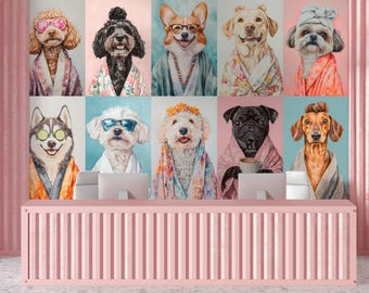 Dog Wallpaper for Grooming Salon, Funny Spa Dogs Removable Vinyl Mural, Peel and Stick Pet Portrait Wall Art, Dog Large Mural