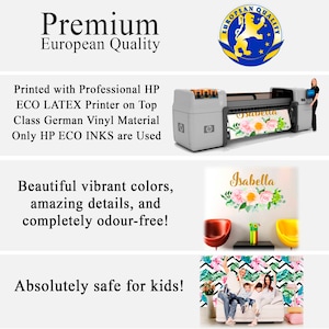 May include: A large format printer printing a colorful floral design with the name "Isabella" on a white background. The printer is labeled with the HP logo. The text "Premium European Quality" is at the top of the image. The text "Printed with Professional HP ECO LATEX Printer on Top Class German Vinyl Material Only HP ECO INKS are Used" is below the printer. The text "Beautiful vibrant colors, amazing details, and completely odour-free!" is below the printer. The text "Absolutely safe for kids!" is at the bottom of the image.