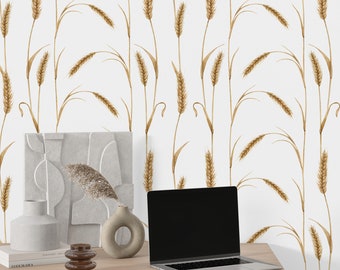 Boho Wallpaper with Wheat Print for Home, Peel and Stick Accent Floral Wallpaper for Cottage, Removable Nature Wallpaper Pastel Wall Decor