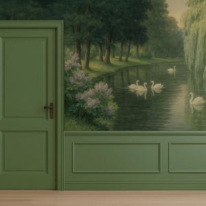 Swan Lake Peel and Stick Wall Mural, Calm Landscape Nature Wallpaper with Forest and Swans, Romantic Vintage Style Art for Living Room image 4