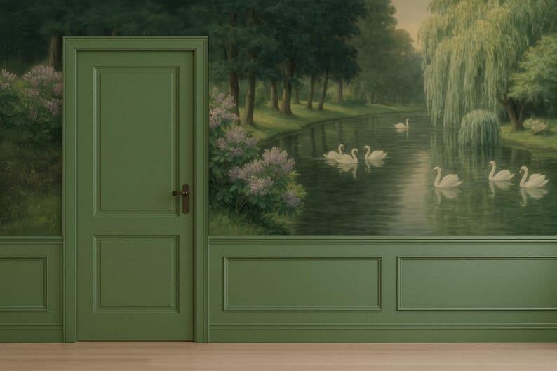Swan Lake Peel and Stick Wall Mural, Calm Landscape Nature Wallpaper with Forest and Swans, Romantic Vintage Style Art for Living Room image 4