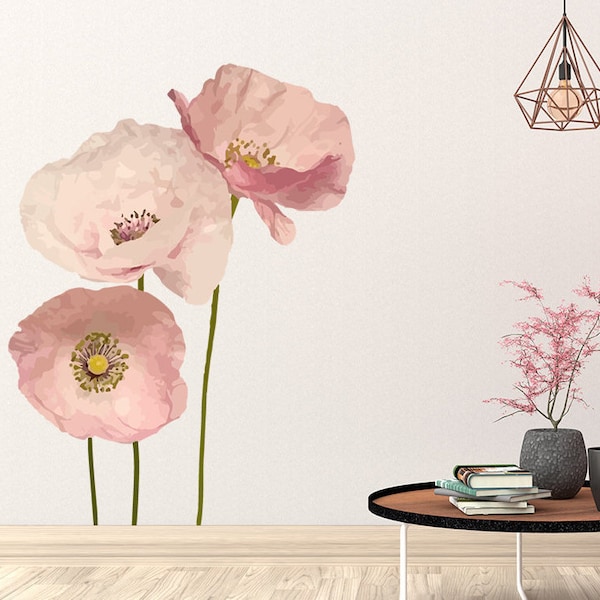Vinilo decorativo de flores de amapola y anémona, decoración para habitación infantil de niñas, adhesivo decorativo para el hogar, vinilo decorativo de flores para pared, adhesivo floral en acuarela.