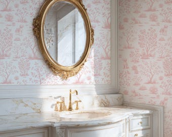 Pink Toile Goldendoodle Wallpaper, Dog Theme Peel & Stick Wallpaper, French Wallpaper, Toile de Jouy Wallpaper, Whimsical Dog Mural