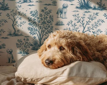 Blue Toile Goldendoodle Wallpaper, Dog Theme Vinyl Wallpaper, Toile de Jouy Wallpaper, Peel & Stick Vintage Wallpaper, Blue Botanical Mural