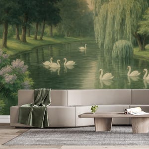 Swan Lake Peel and Stick Wall Mural, Calm Landscape Nature Wallpaper with Forest and Swans, Romantic Vintage Style Art for Living Room image 1