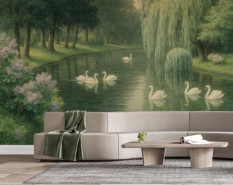 Swan Lake Peel and Stick Wall Mural, Calm Landscape Nature Wallpaper with Forest and Swans, Romantic Vintage Style Art for Living Room