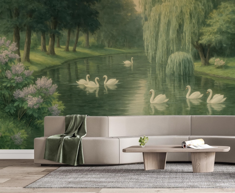 Swan Lake Peel and Stick Wall Mural, Calm Landscape Nature Wallpaper with Forest and Swans, Romantic Vintage Style Art for Living Room image 1