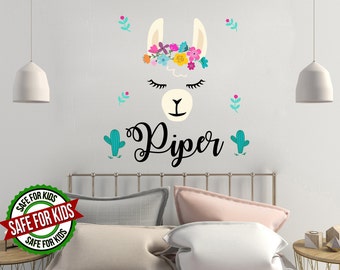 Llama Wall Decal / Personalized Girls Name Decals / Alpaca Llama Nursery Decor / Baby Girl Name Wall Sticker / Animal Llama Girl Room R136