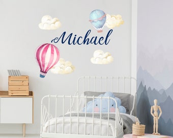 Watercolor Clouds and Hot Air Balloons Set Decals Baby Boy Nursery Bedroom Personalize Name Wall Sticker Kids Room Playroom Decoration  R4