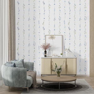 Wallpaper on White background With Blue Pattern Wildflowers, Wall Mural Peel and Stick For Home Decor, Wallpaper Removable Roll PVC Free