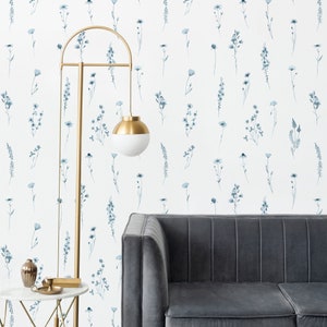 Blue Floral Boho Wallpaper, Vintage Style Flower Pattern Wall Mural, Custom Printed Wallpaper Removable Peel and Stick