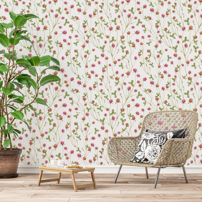 Floral Wallpaper Removable, Four Leaf Clover Wallpaper Mural Peel and Stick, Colorful Plant Botanical Wallpaper roll image 3