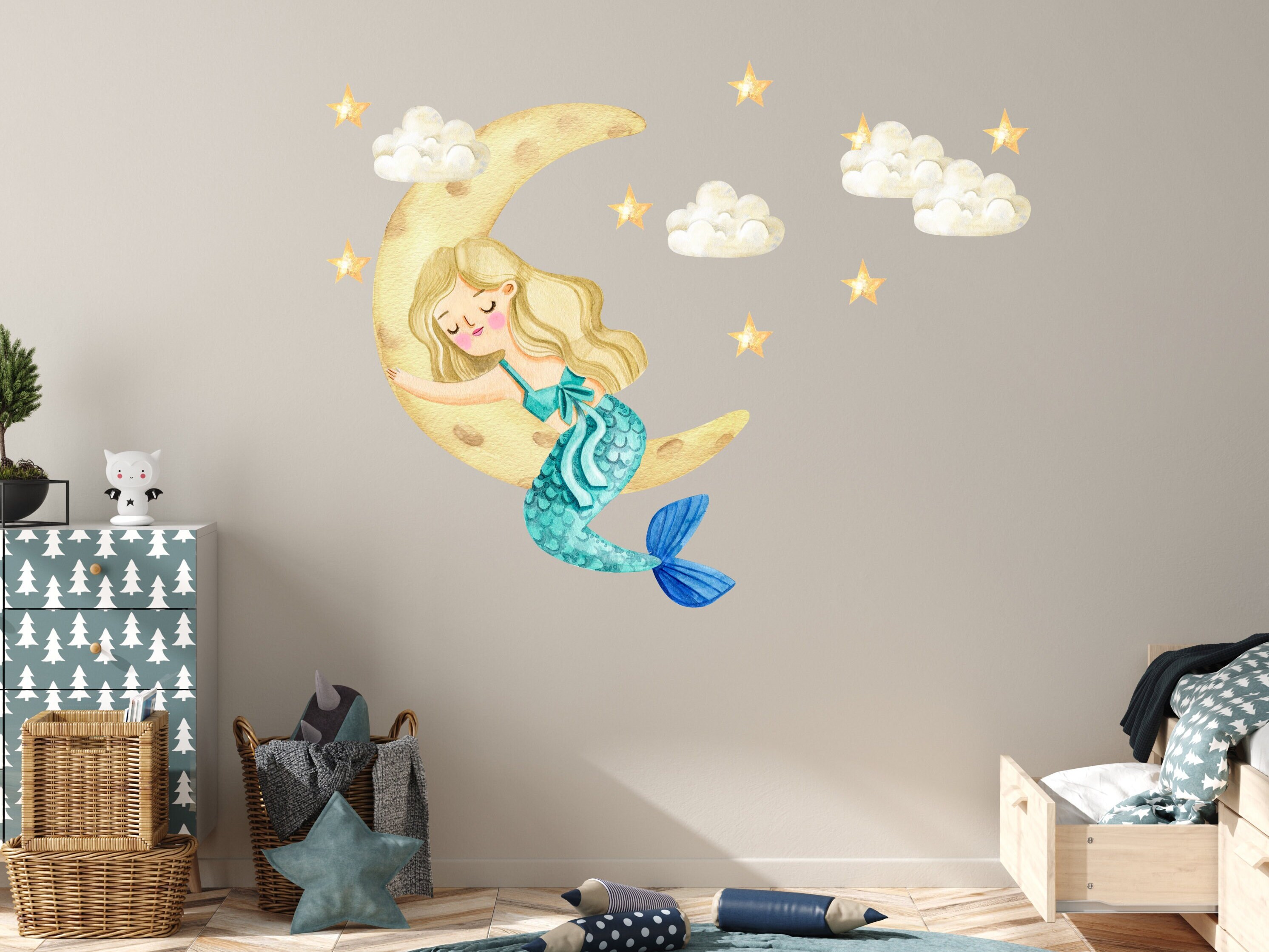 Mermaid on the Moon Nursery Wall Decal, Moon and Stars Wall Sticker ...