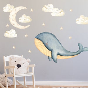 Watercolor Whale Nursery Wall Decal, Under the Sea sticker, Set Moon Stars and Clouds Kids Room Decor, Hand Drawing Ocean Animal Decal R278