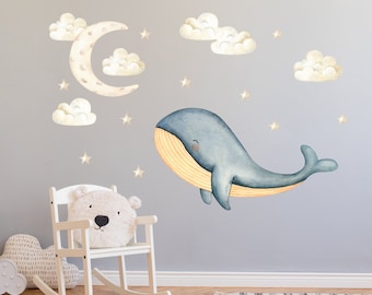 Watercolor Whale Nursery Wall Decal, Under the Sea sticker, Set Moon Stars and Clouds Kids Room Decor, Hand Drawing Ocean Animal Decal R278