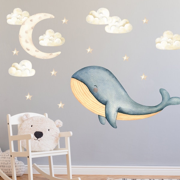 Watercolor Whale Nursery Wall Decal, Under the Sea sticker, Set Moon Stars and Clouds Kids Room Decor, Hand Drawing Ocean Animal Decal R278