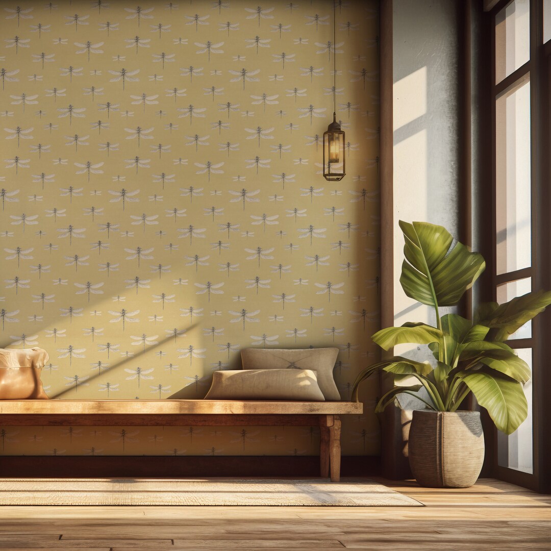 Wallpaper Dragonfly on Yellow Color Wall Wall Covering - Etsy