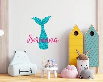 Mermaid Tail Wall Decal - Custom Baby Name Mermaid Wall Sticker - Nautical Decals for Nursery Decor - Mermaid Tail Girl Room Decoration R116