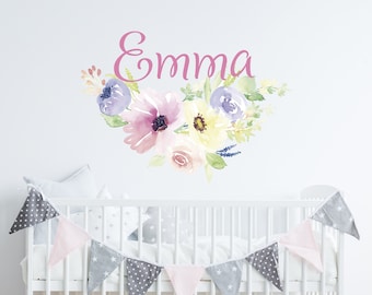 Watercolor Flowers Wall Decals - Girl Custom Name Wall Sticker - Baby Nursery Decor - Flower Kids Room - Colorful Wall Print R152