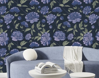 Papel pintado azul oscuro con estampado de William Morris, despegable y adhesivo, con temática botánica, estilo vintage extraíble, decoración de pared con peonías grandes, estilo cabaña.