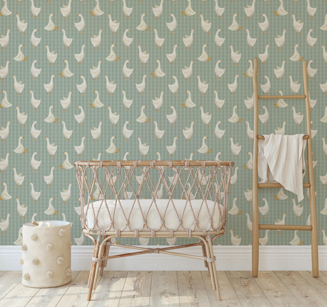 Farmhouse Wall Mural for Kids Bedroom, Pastel Green Goose Wallpaper for ...