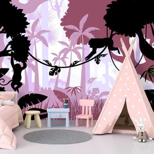 Jungle Wallpaper for Girls Room - Safari Wallpaper Wall Art Decoration - Tropical Animals Nursery Wallpaper - Monkey wall Mural K273