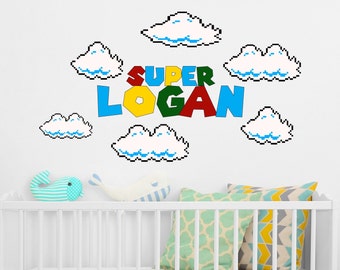 Super Name Wall Decal - Above Crib Boy Name Wall Stickers - Clouds Above Bed for Nursery Decor - Wall Decal Super Game Boy Room R98