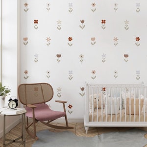 Meadow Flowers Pattern Wall Mural Baby Girl Room, Botanical Blooms Nursery Wallpaper Peel and Stick, Boho Flower Wall Paper Toddler