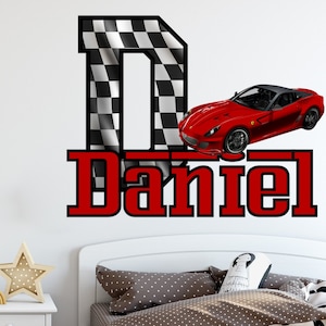 Race Car Personalize Name Wall Decal. Emblem Race Car. Checkered Flag Boys Room Decor. Ferrari Themed Room Racing Car. Nursery Sticker R118