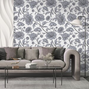 Black & White Floral Wall Mural William Morris Print, Floral Wallpaper Peel and Stick Art Deco, Accent Wall Large Flower Pattern