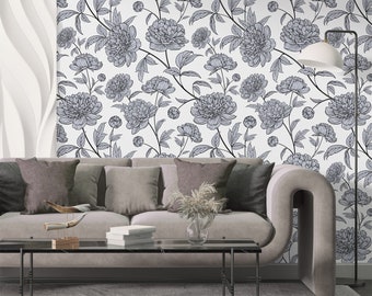Mural de pared floral en blanco y negro con estampado de William Morris, papel tapiz floral autoadhesivo Art Déco, pared de acento con estampado de flores grandes